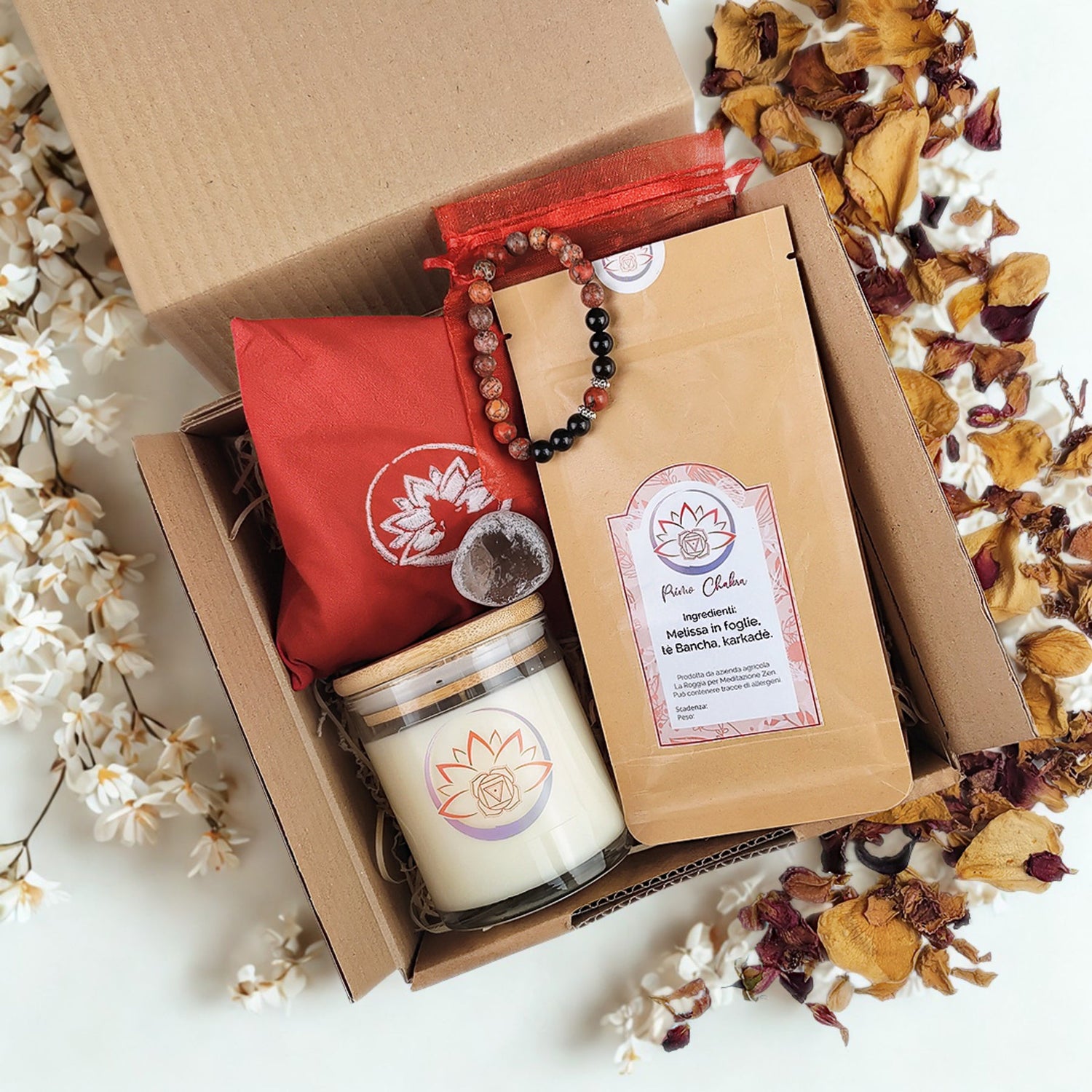 Confezione regalo con candele profumate, tisane e braccialetto per idee regalo spirituali fatte a mano