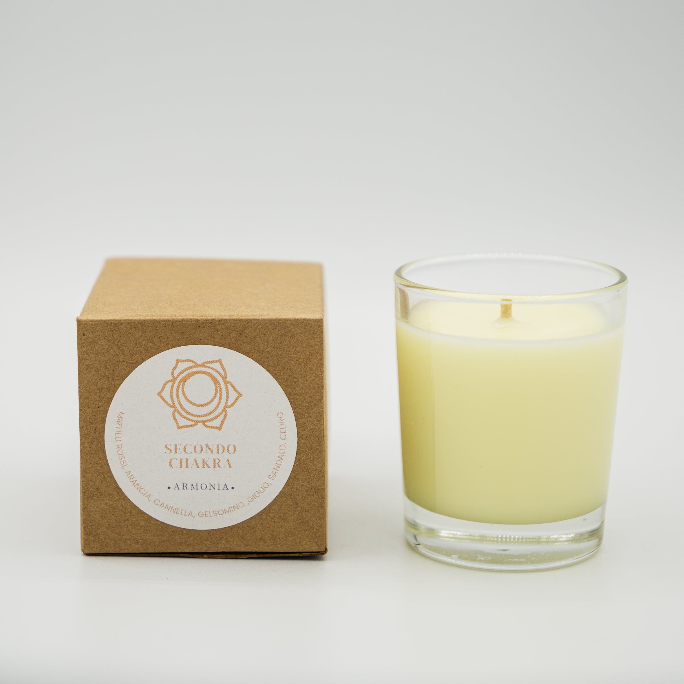 Candela armonia secondo chakra con confezione in cartone per il benessere spirituale