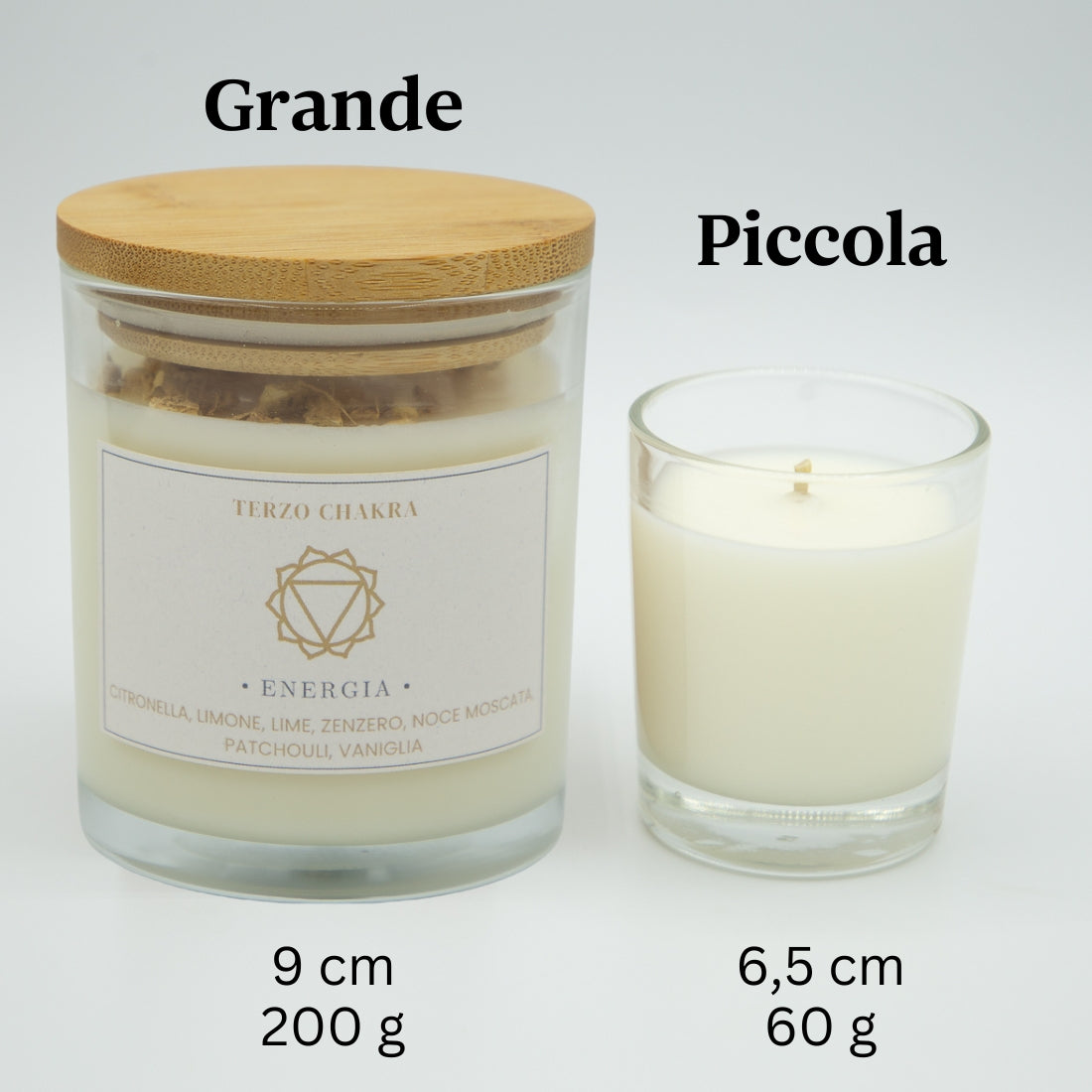 Candele Energia Terzo Chakra di Shop Zen, grande e piccola, con aromi di limone e patchouli
