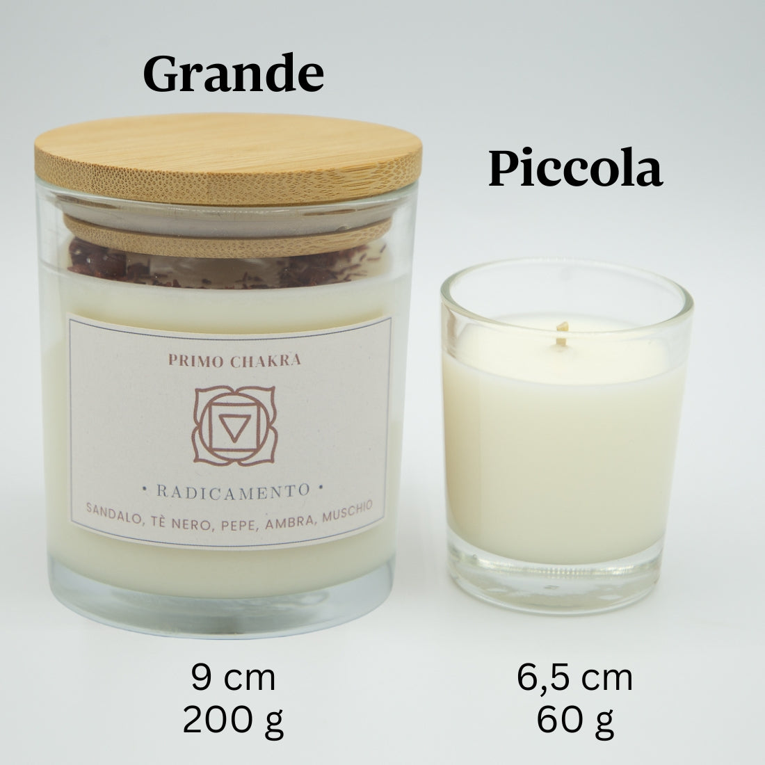 Candele Radicamento Primo Chakra, grande da 200 g e piccola da 60 g, con aromi di sandalo e ambra