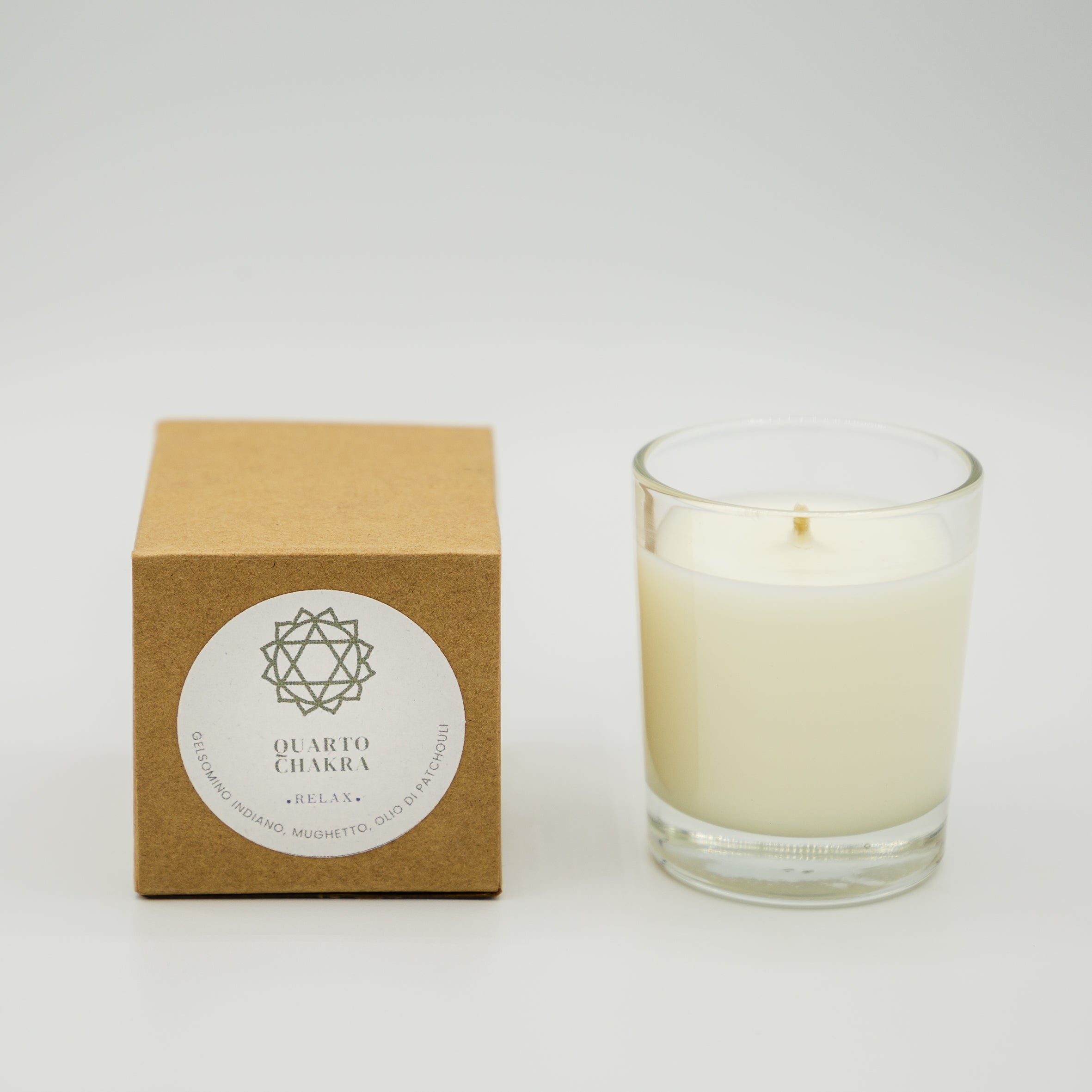 Candela relax quarto chakra in vaso di vetro con confezione in cartone per un&