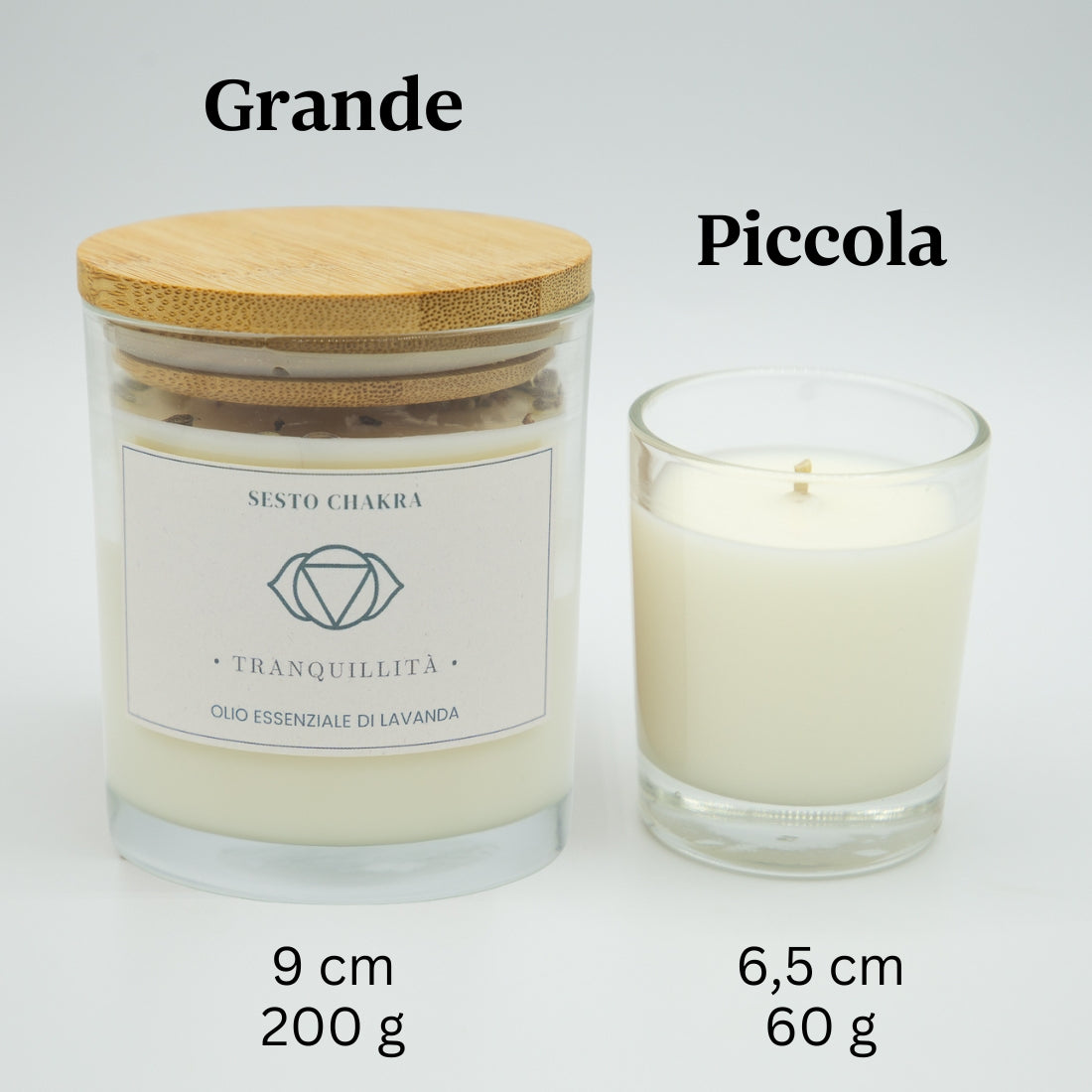 Set di candele tranquillità sesto chakra, grande e piccola, con olio essenziale di lavanda