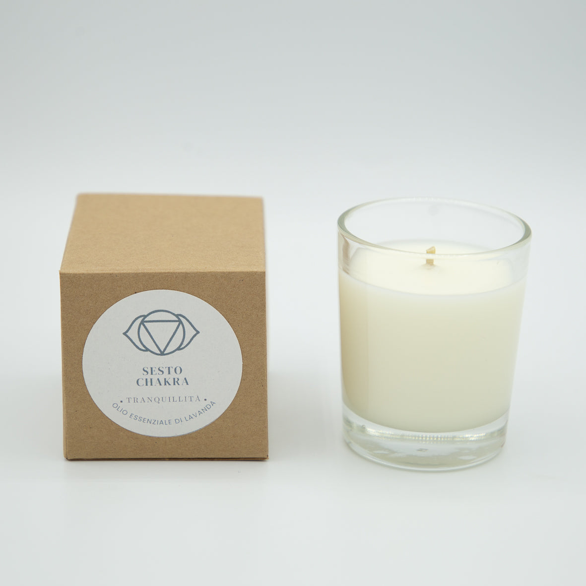 Candela tranquillità sesto chakra in vetro con scatola di cartone per la meditazione e il rilassamento