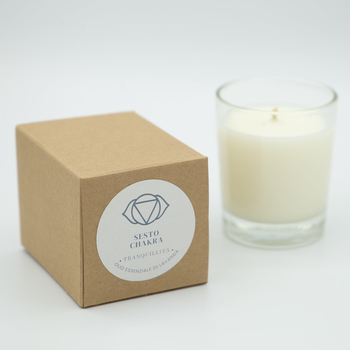 Candela tranquillità sesto chakra in vaso di vetro con confezione eco-friendly