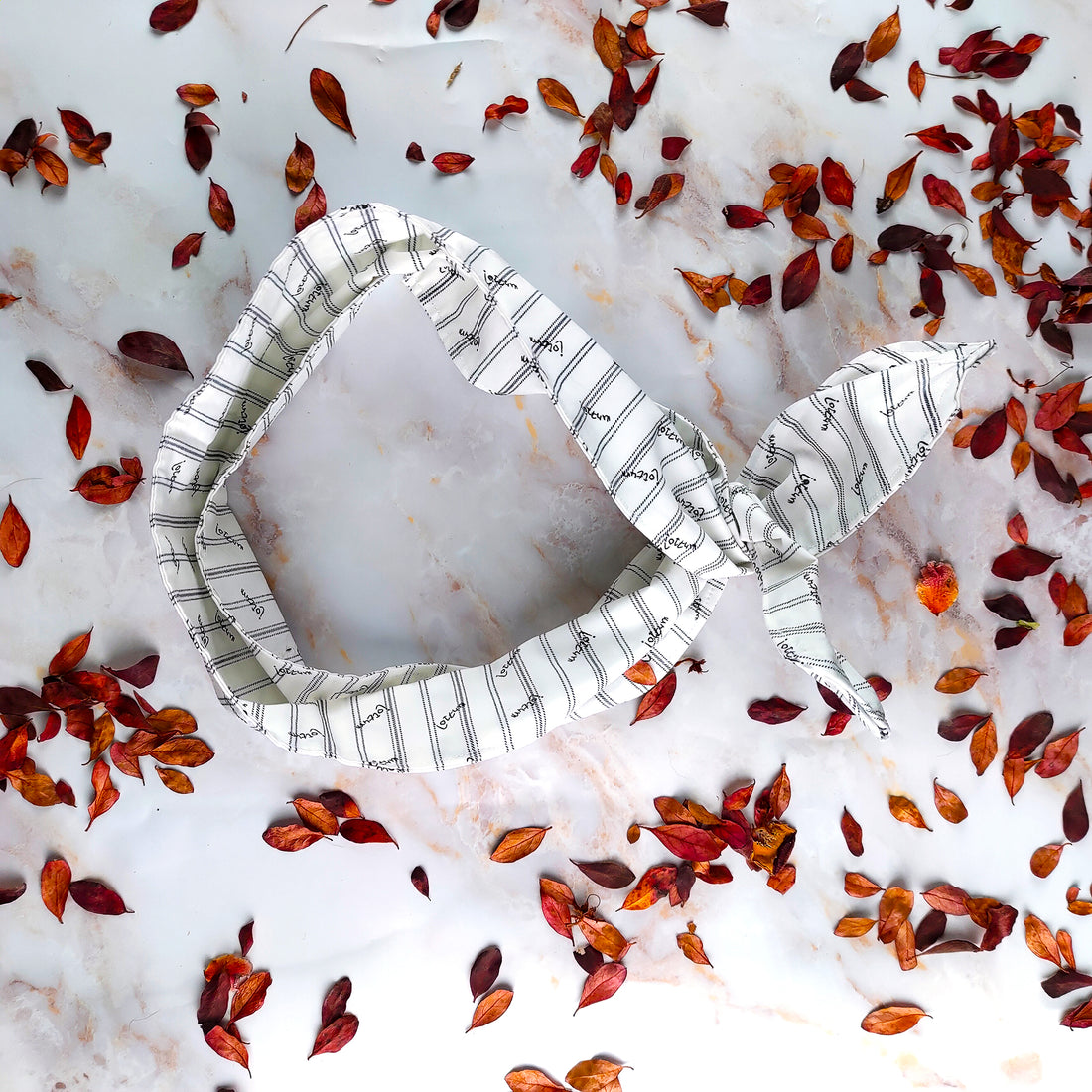 Fascia capelli con ferretto bianca a righe su sfondo di foglie secche colorate