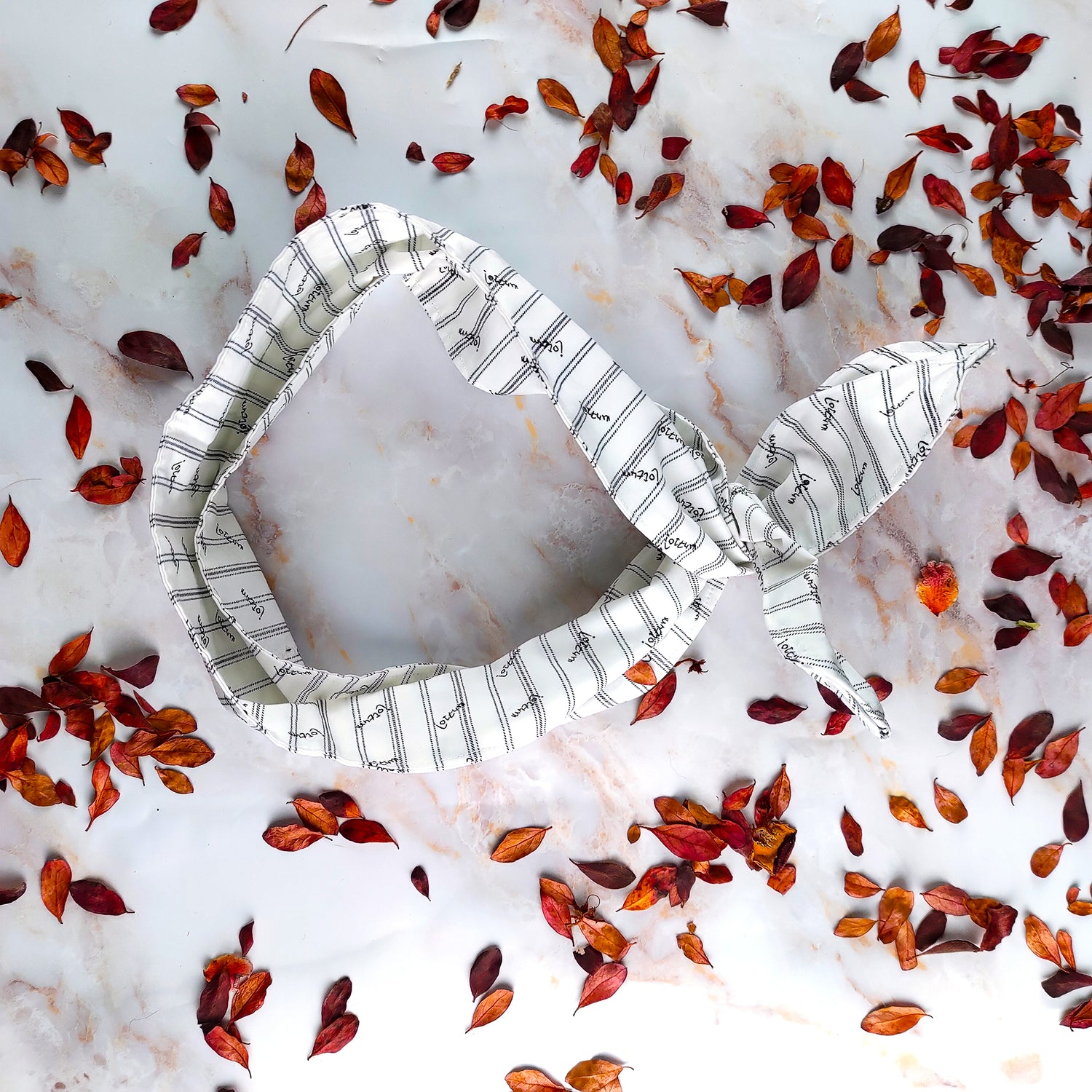 Fascia capelli con ferretto bianca a righe su sfondo di foglie secche colorate