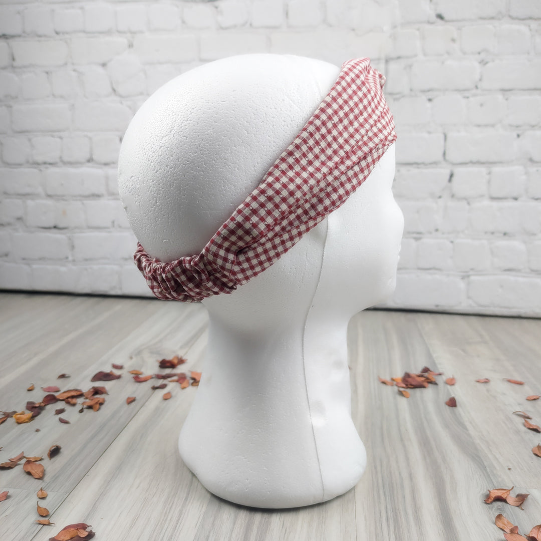 Fascia capelli elastica vichy in rosso e bianco, ideale per acconciature eleganti e casual