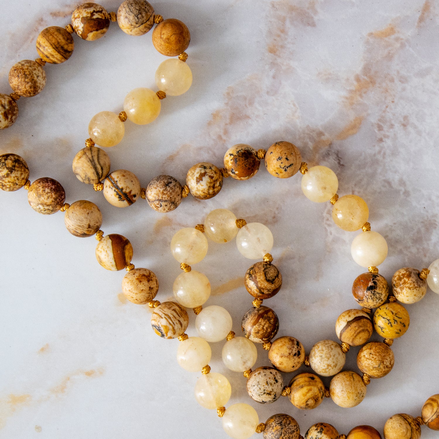 Collana mala citrina e diaspro con perle di pietra gialla e marrone per meditazione