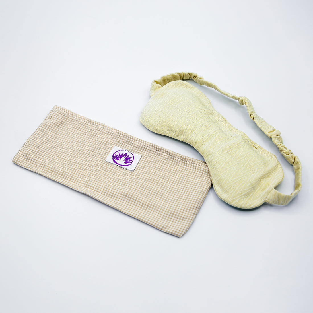 Mascherina balsamica per occhi in tessuto giallo con fascia regolabile e copertura beige