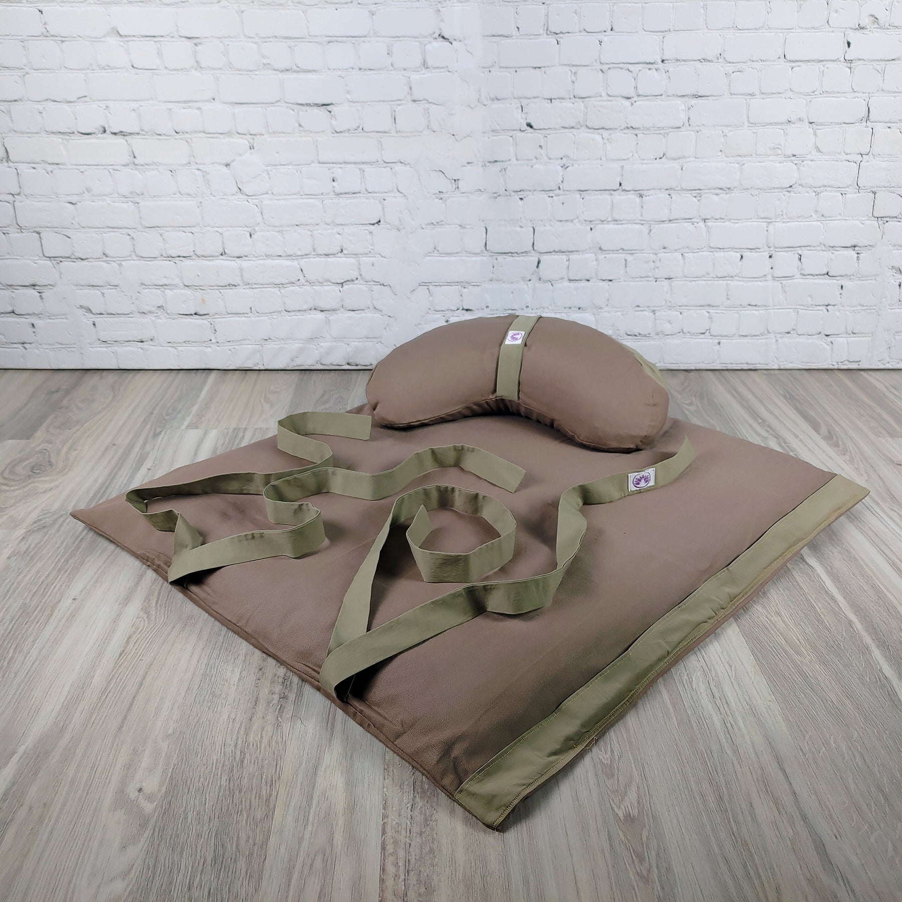 Set meditazione con zafu a mezzaluna cotone naturale scuro, cuscini lombari per supporto durante la meditazione