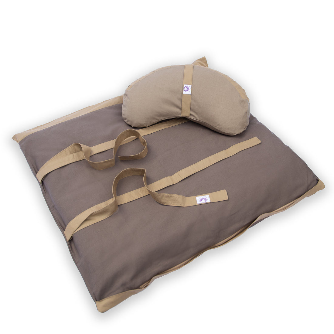 Set meditazione con zafu a mezzaluna cotone naturale scuro per supporto lombare e comfort durante la meditazione