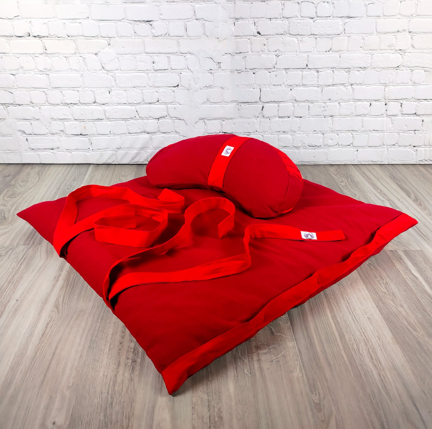 Set meditazione con zafu a mezzaluna cotone rosso, cuscini di supporto comodi per pratiche yoga