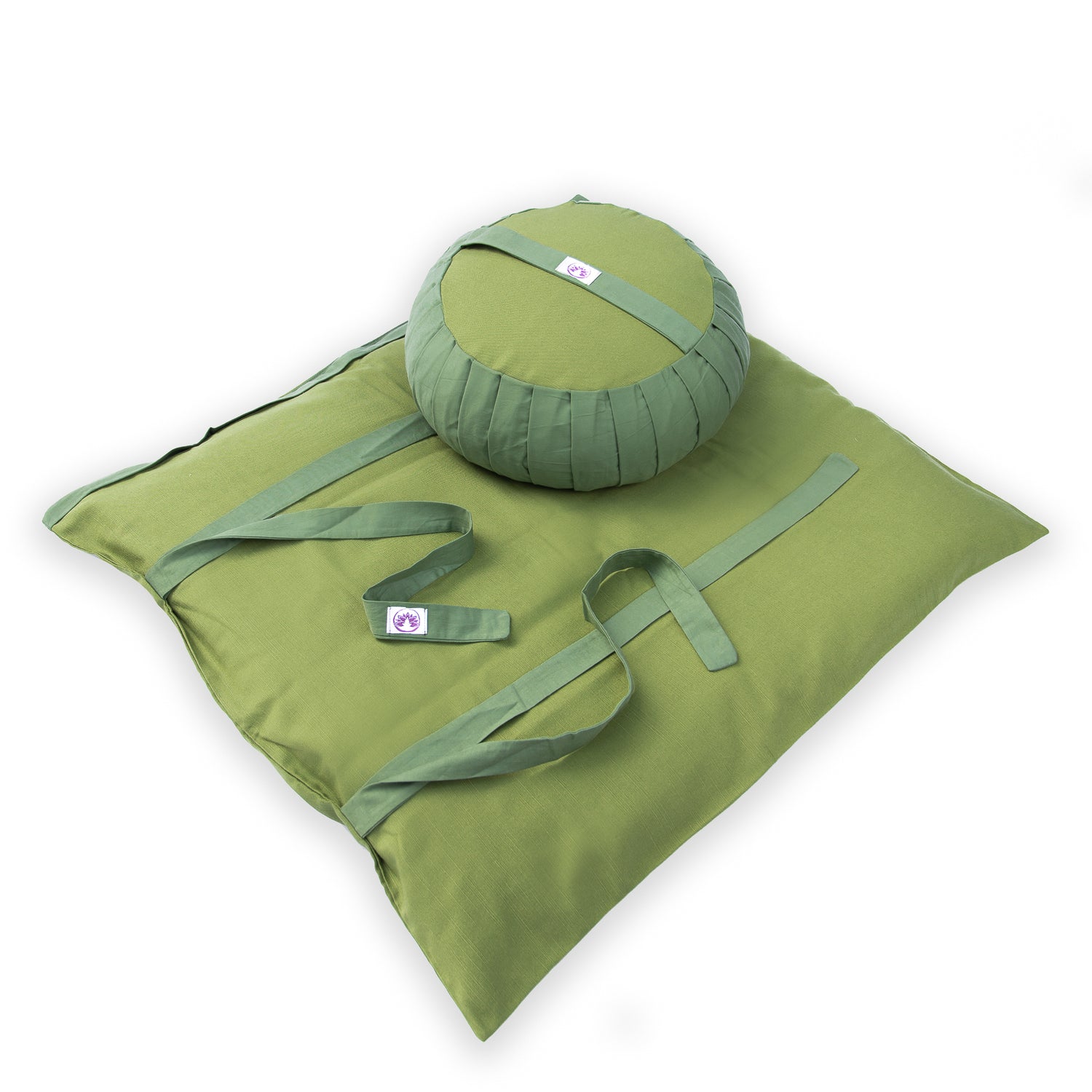 Set meditazione con zafu classico cotone verde e cuscino di supporto per schiena per una pratica confortevole