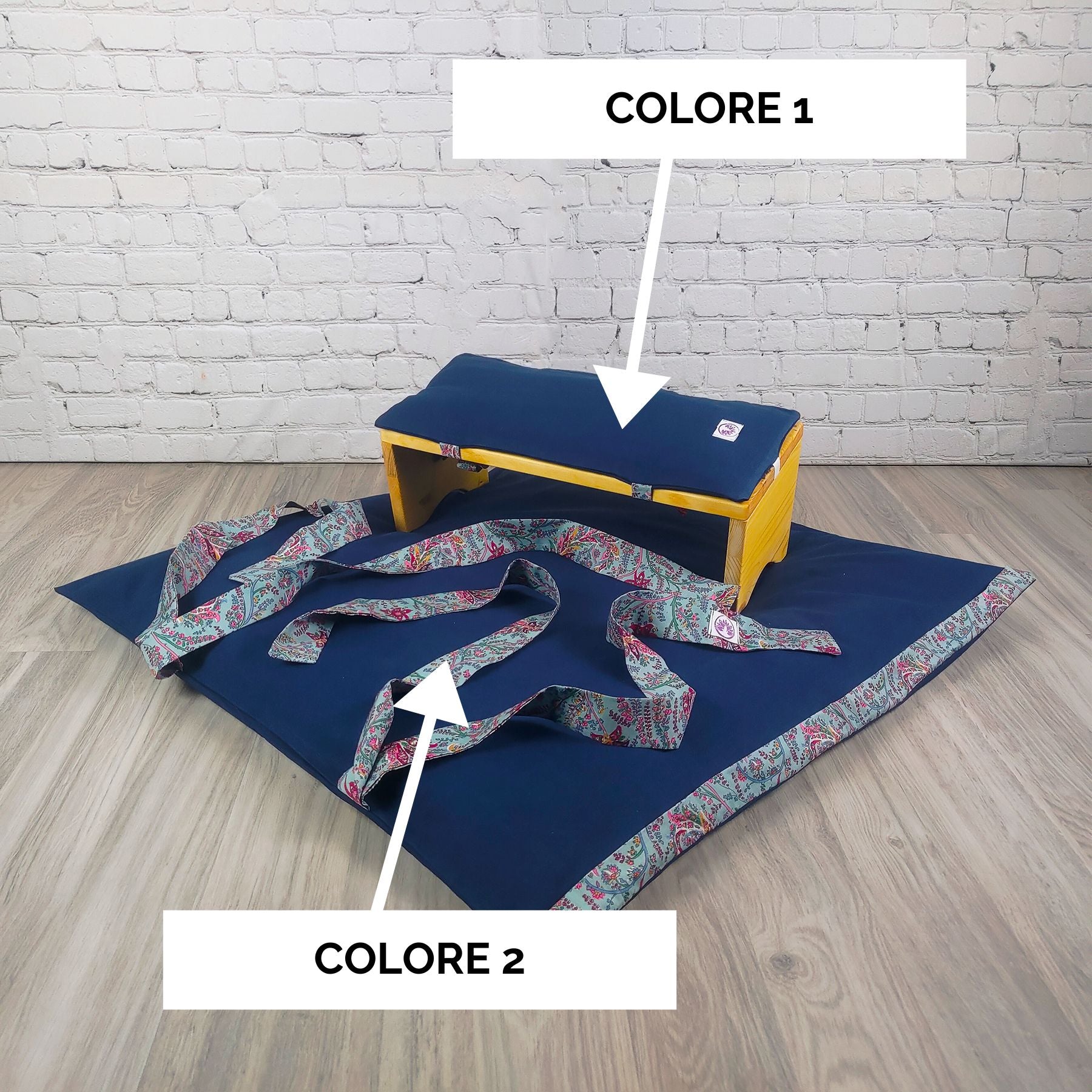 Set meditazione personalizzato con sgabello, cuscini e fasce per supporto lombare e comfort durante la meditazione
