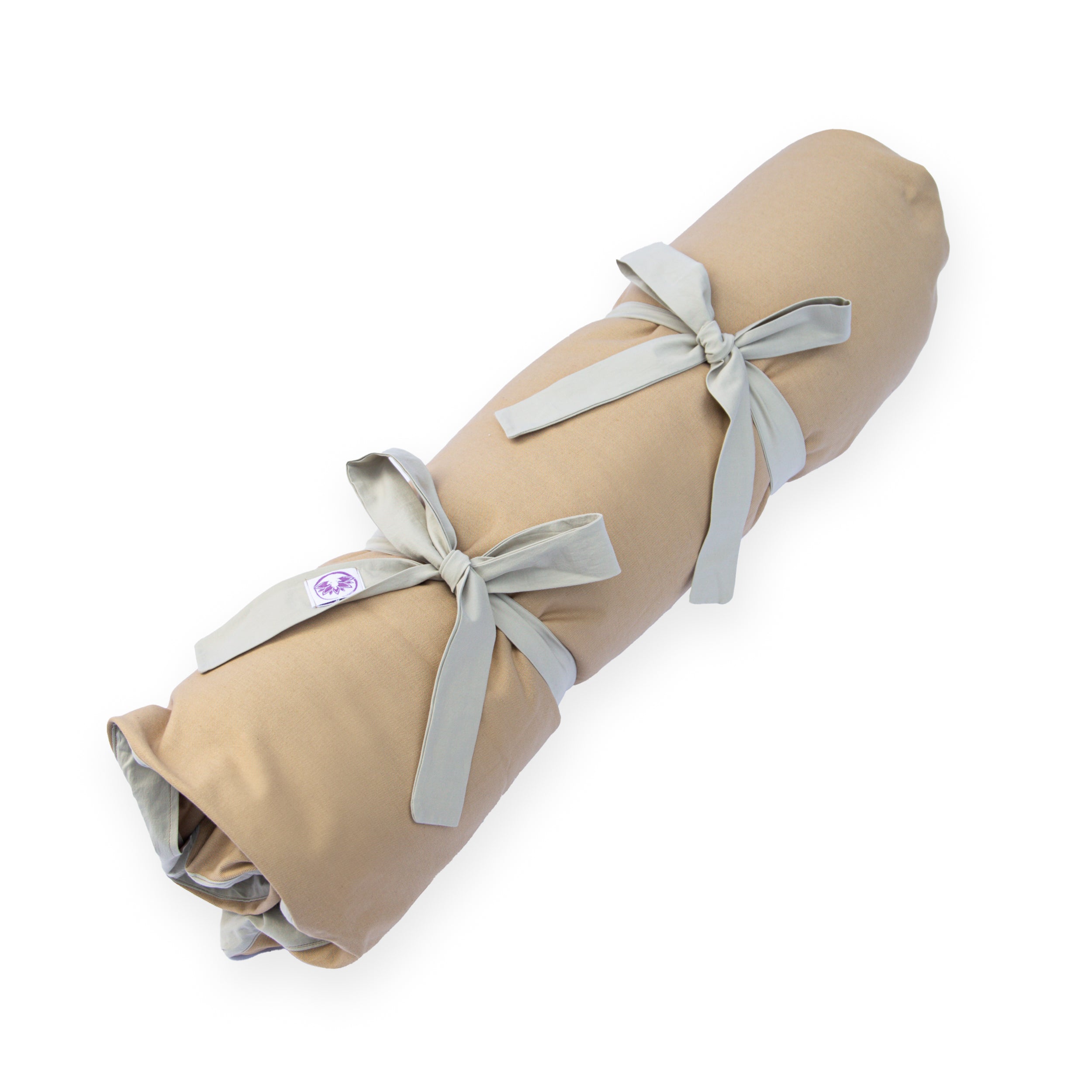 Cuscino di supporto lombare e per schiena con tappetino zabuton naturale chiaro, arrotolato e legato con nastri