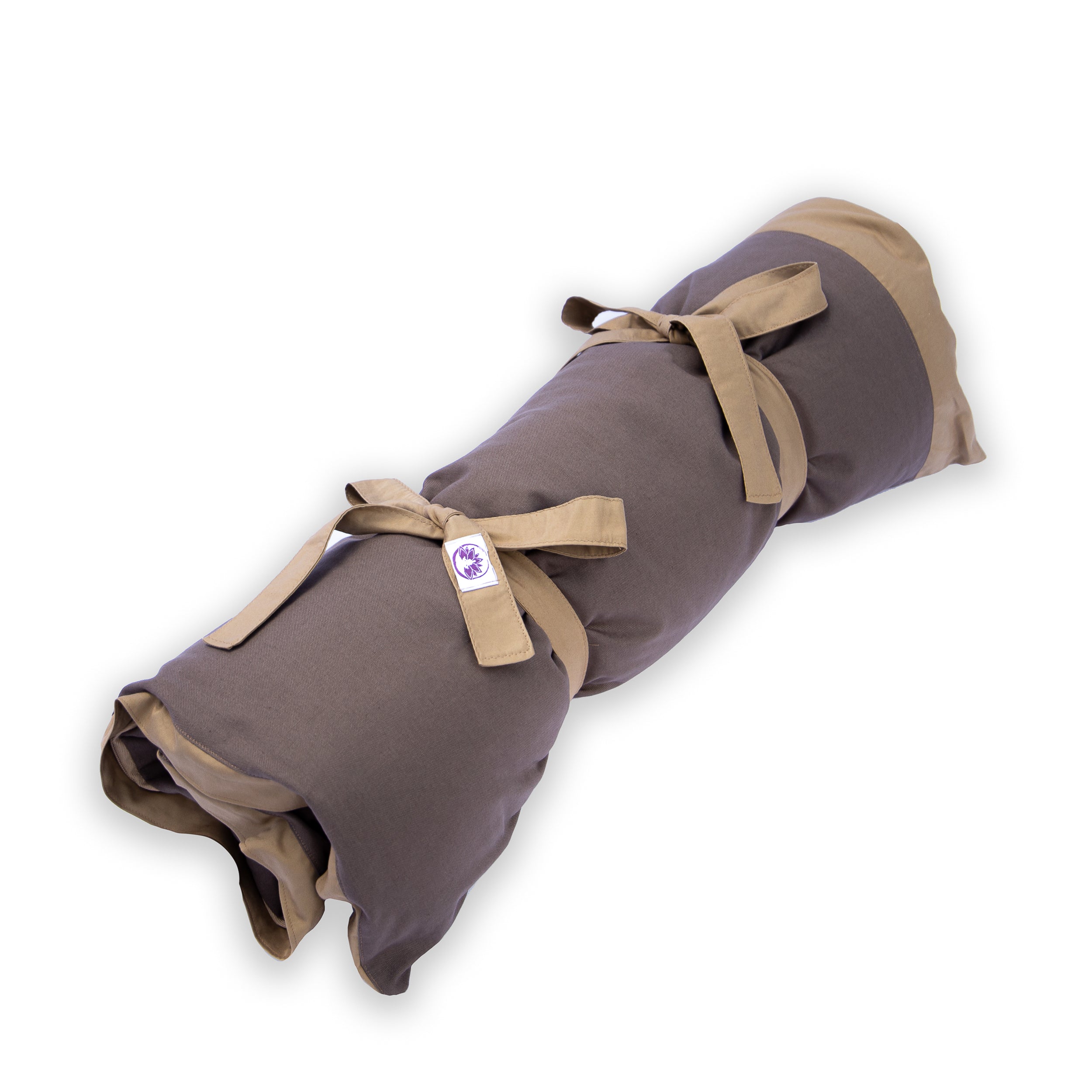 Cuscino di supporto lombare Shop Zen in tessuto scuro, arrotolato e legato, con design ergonomico per comfort.