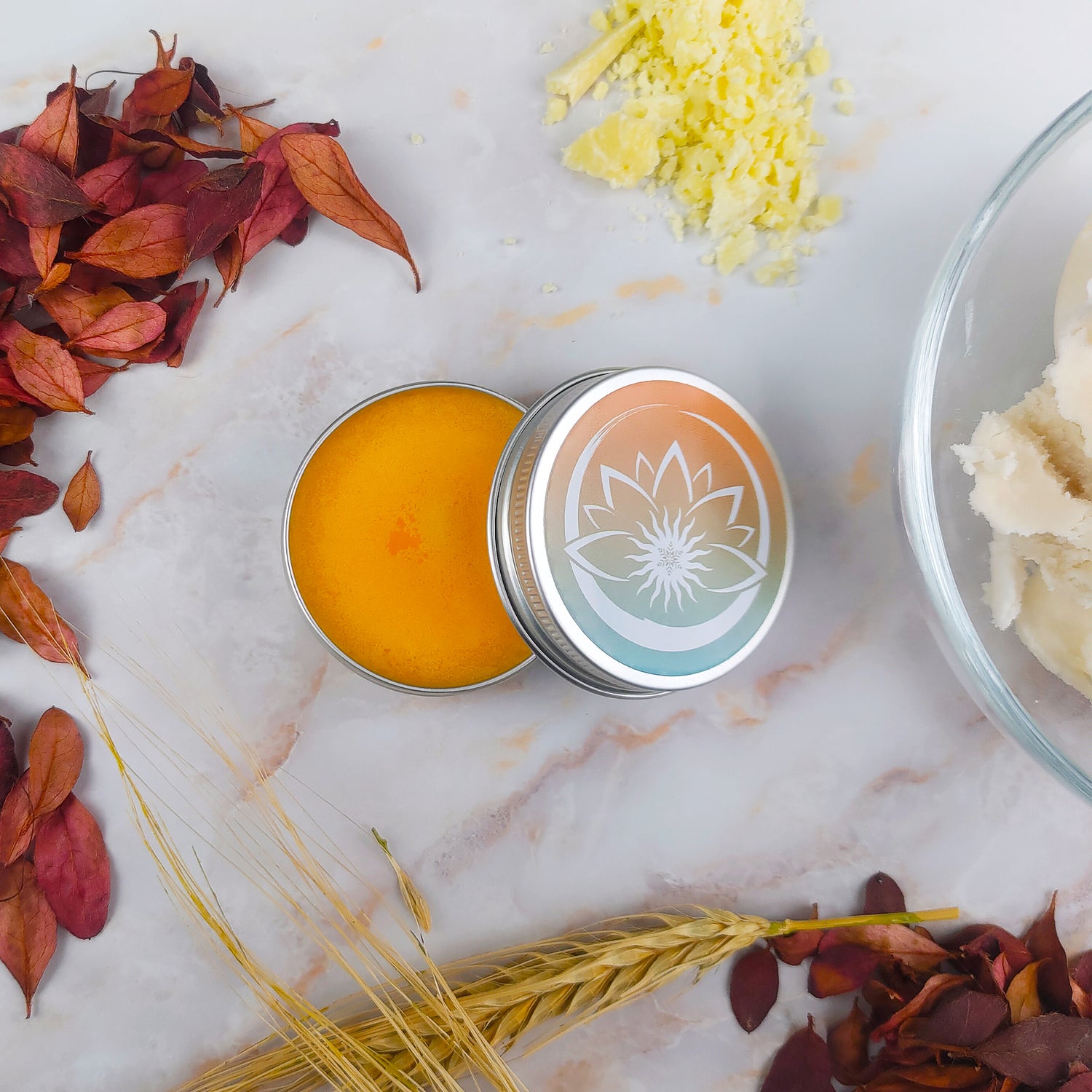 Burro labbra naturale in confezione con ingredienti naturali e sfondo di foglie autunnali