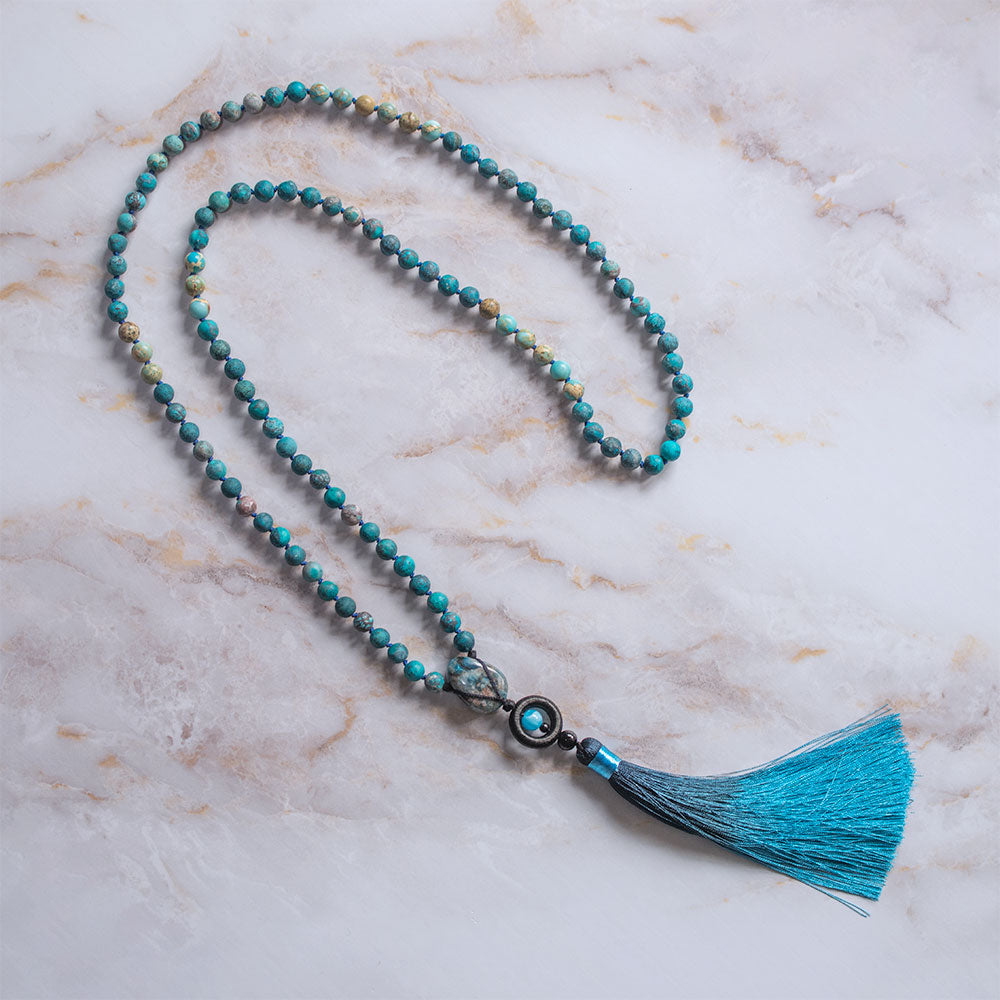 Mala 108 grani "Io Comunico" in Apatite e Howlite Turchese
