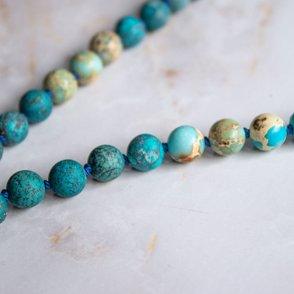 Mala 108 grani "Io Comunico" in Apatite e Howlite Turchese