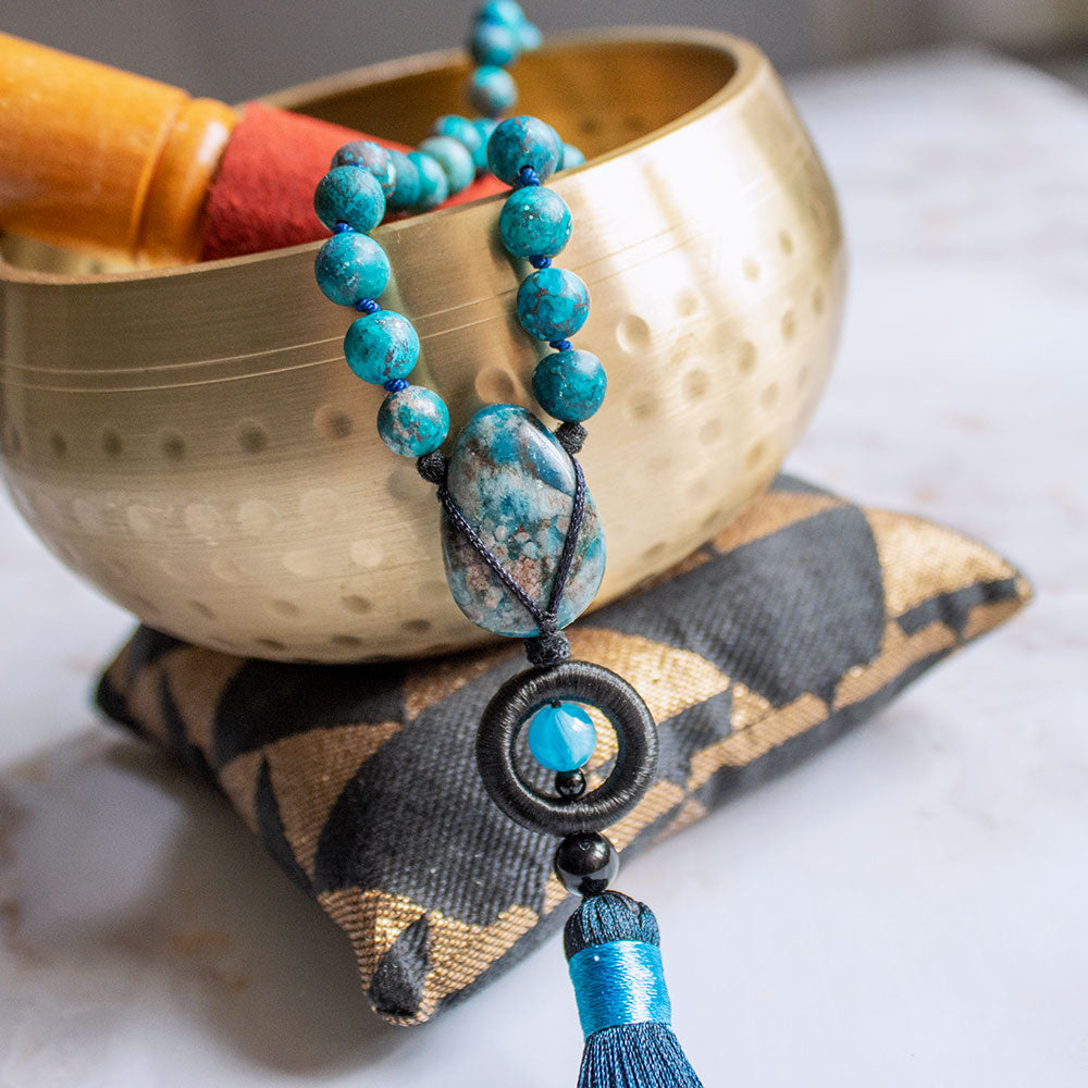 Mala 108 grani "Io Comunico" in Apatite e Howlite Turchese