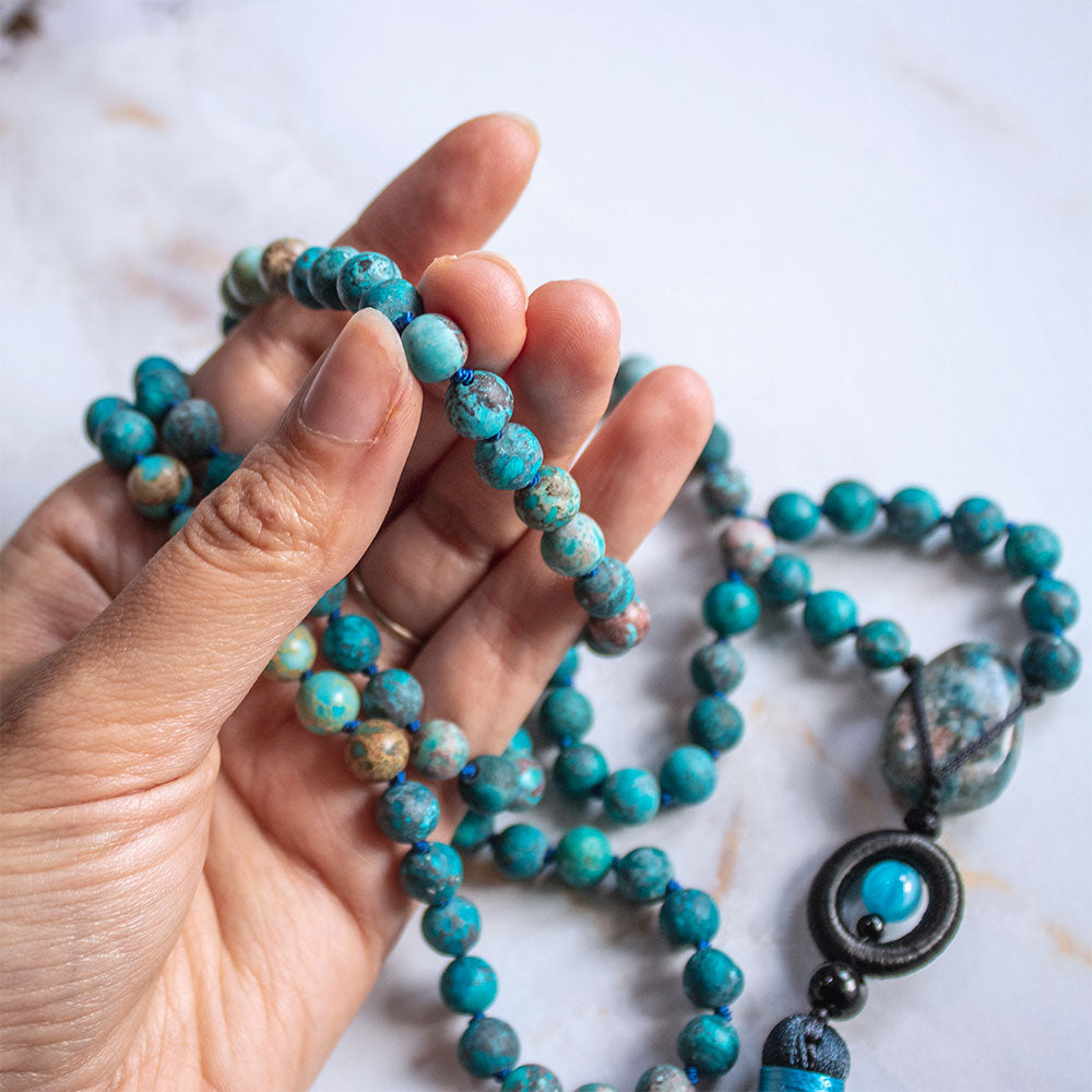 Mala 108 grani "Io Comunico" in Apatite e Howlite Turchese