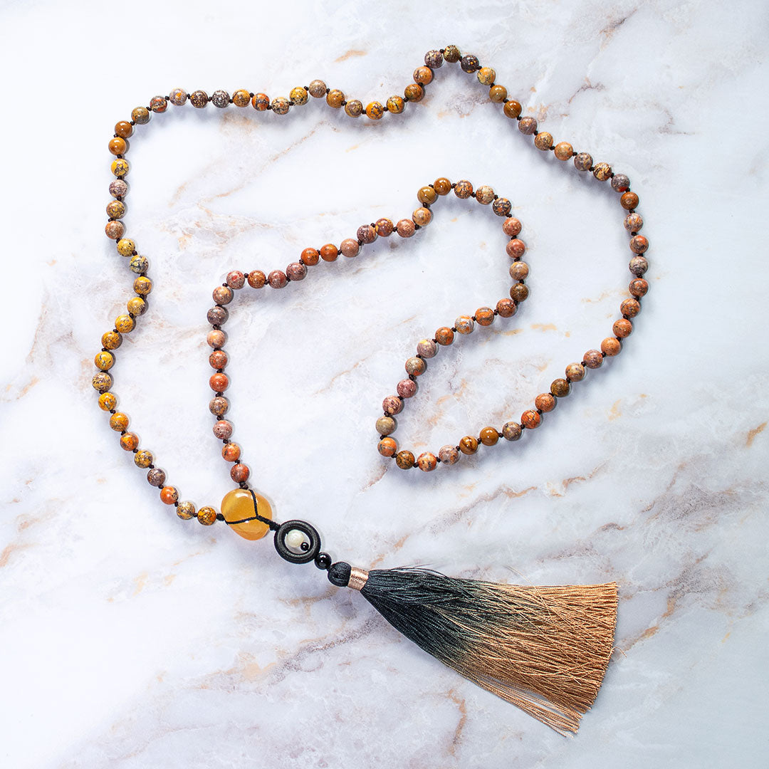 Mala 108 grani "Io sono Gioioso" in Calcite Arancione e Turchese Americano