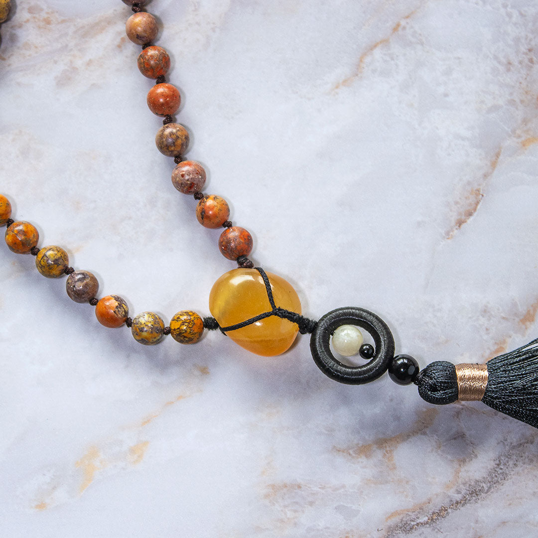 Mala 108 grani "Io sono Gioioso" in Calcite Arancione e Turchese Americano