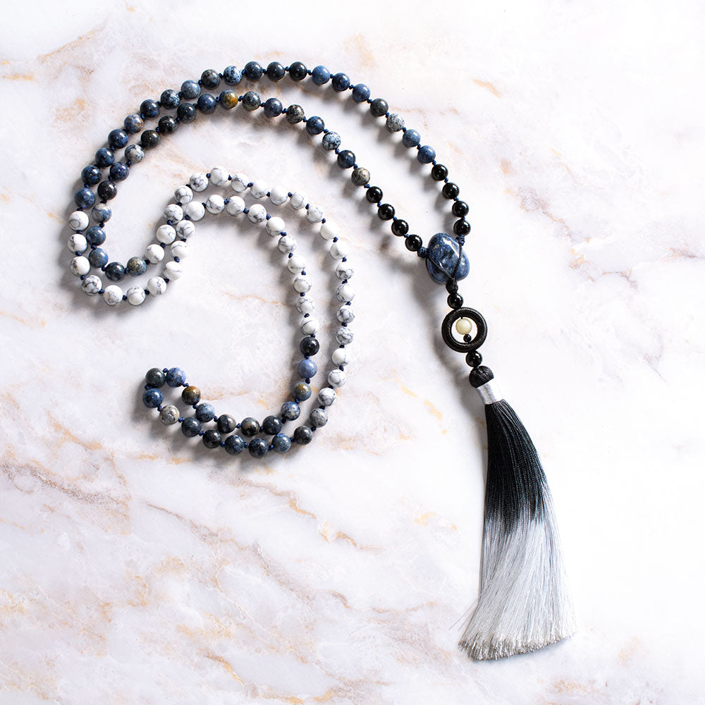 Mala 108 grani "Io sono in Pace" in Sodalite e Howlite Bianca