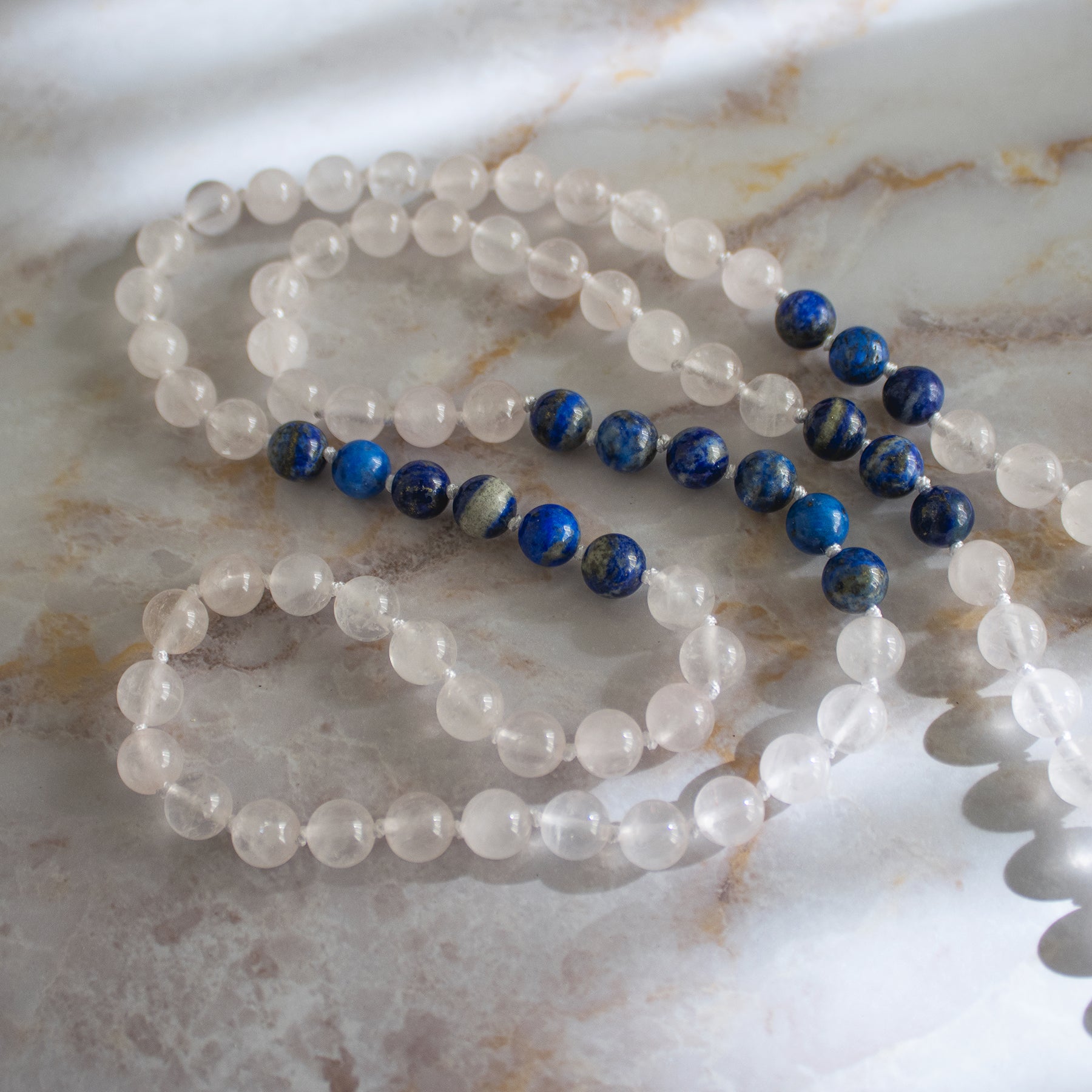 Collane mala lapislazzuli e quarzo rosa con perle di quarzo rosa e lapislazzuli