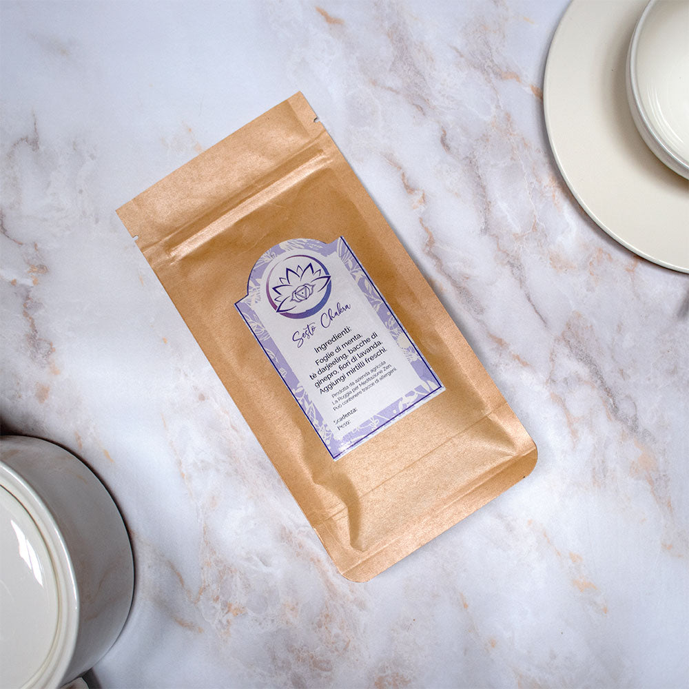 Sacchetto di tisana sesto chakra con etichetta informativa, perfetto per il benessere spirituale