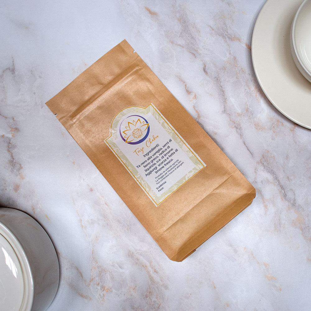 Tisana Terzo Chakra confezione in sacchetto di carta con etichetta e descrizione degli ingredienti
