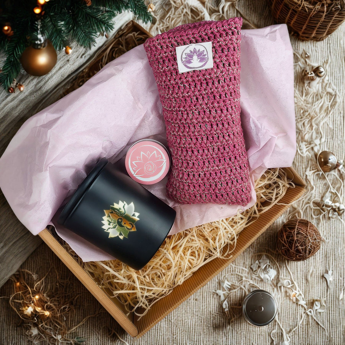 Set Regalo Benessere - Candela Tao, Burro Corpo, Cuscino Occhi