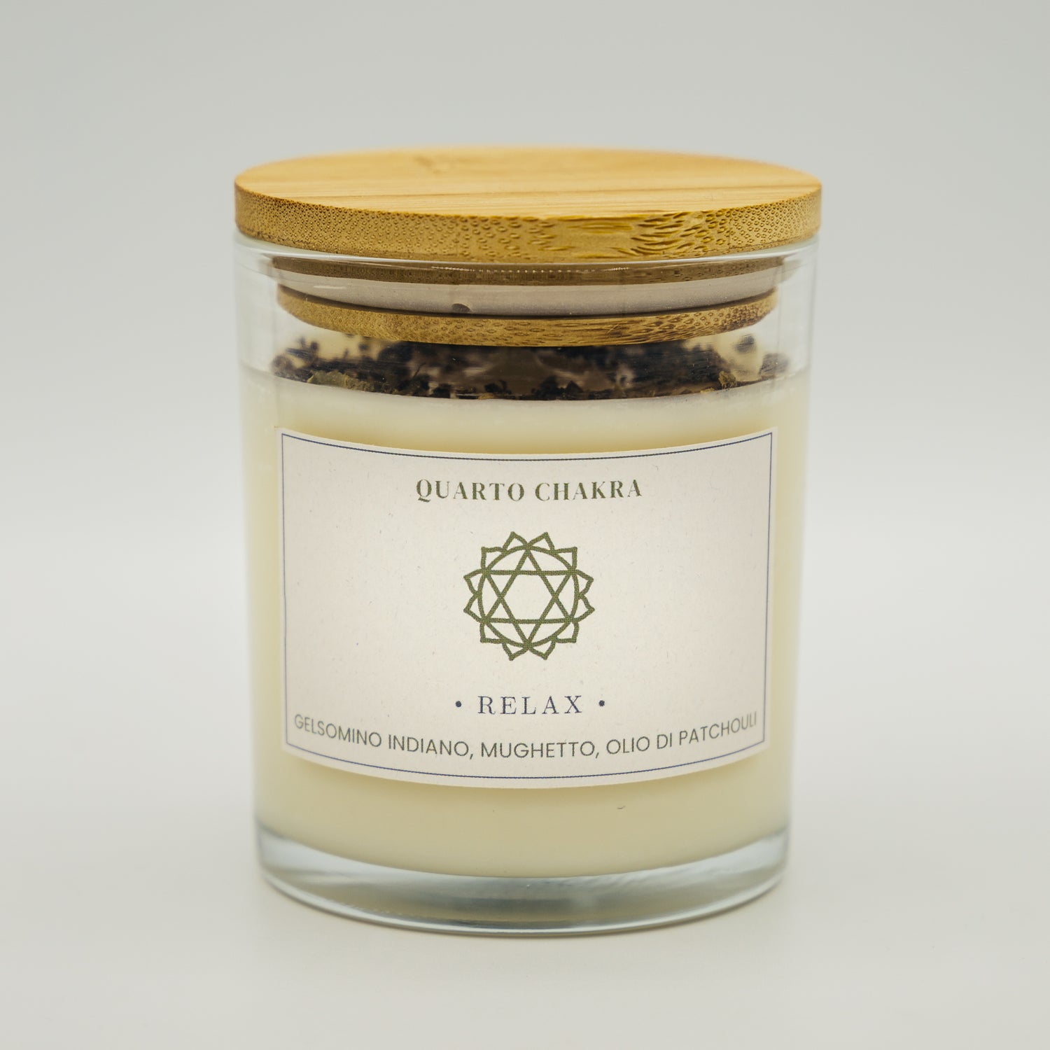 Candela relax quarto chakra con gelsomino, mughetto e olio di patchouli in vaso di vetro