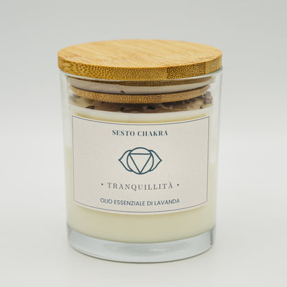 Candela 7 chakra al sesto chakra con olio essenziale di lavanda e coperchio in bambù