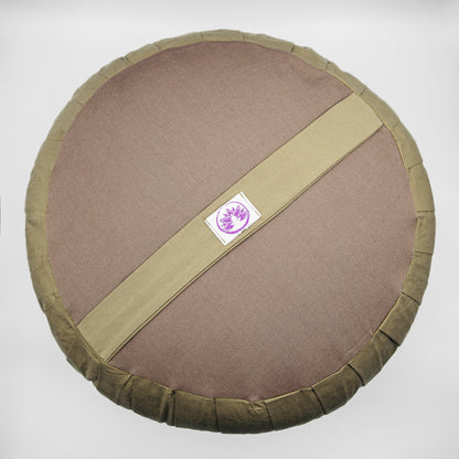 Cuscino zafu meditazione rotondo in tessuto marrone con cintura e logo Shop Zen per supporto lombare