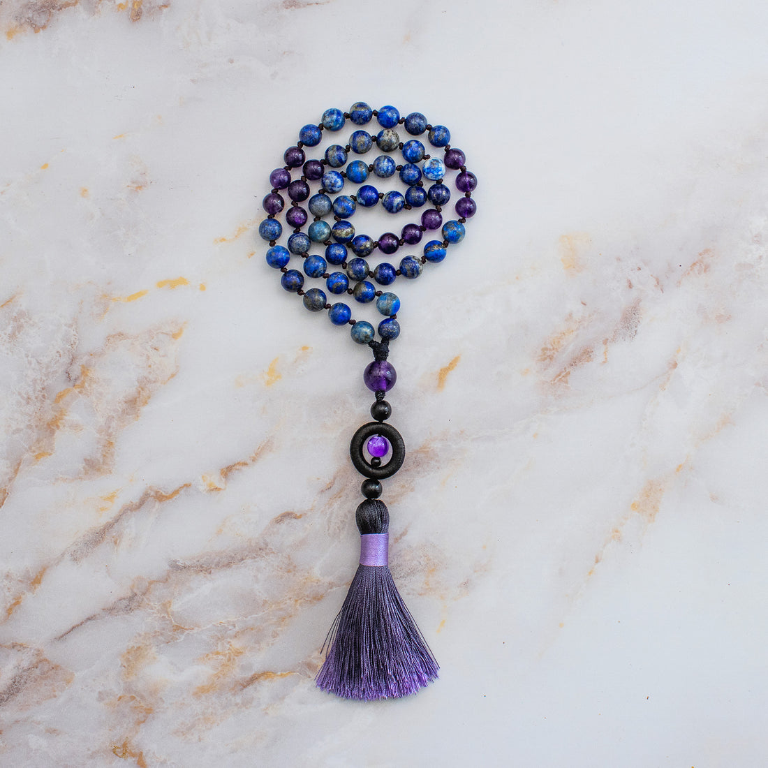 Mala 54 grani “Io Sono” in Sodalite e Ametista