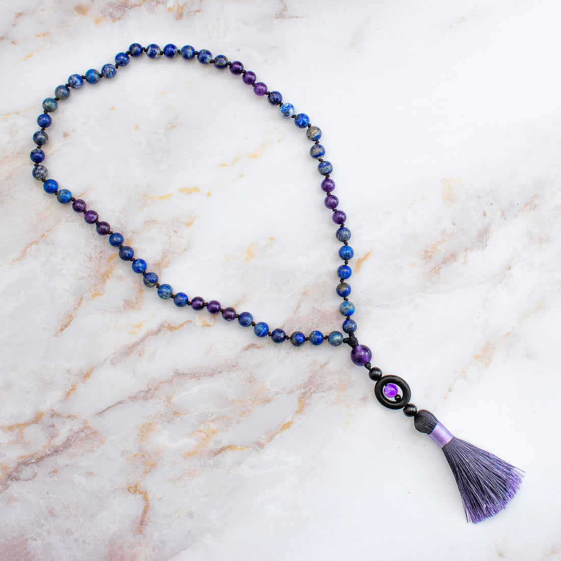Mala 54 grani “Io Sono” in Sodalite e Ametista