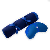 Set meditazione con zafu a mezzaluna cotone blu, include cuscini di supporto lombari e per schiena.