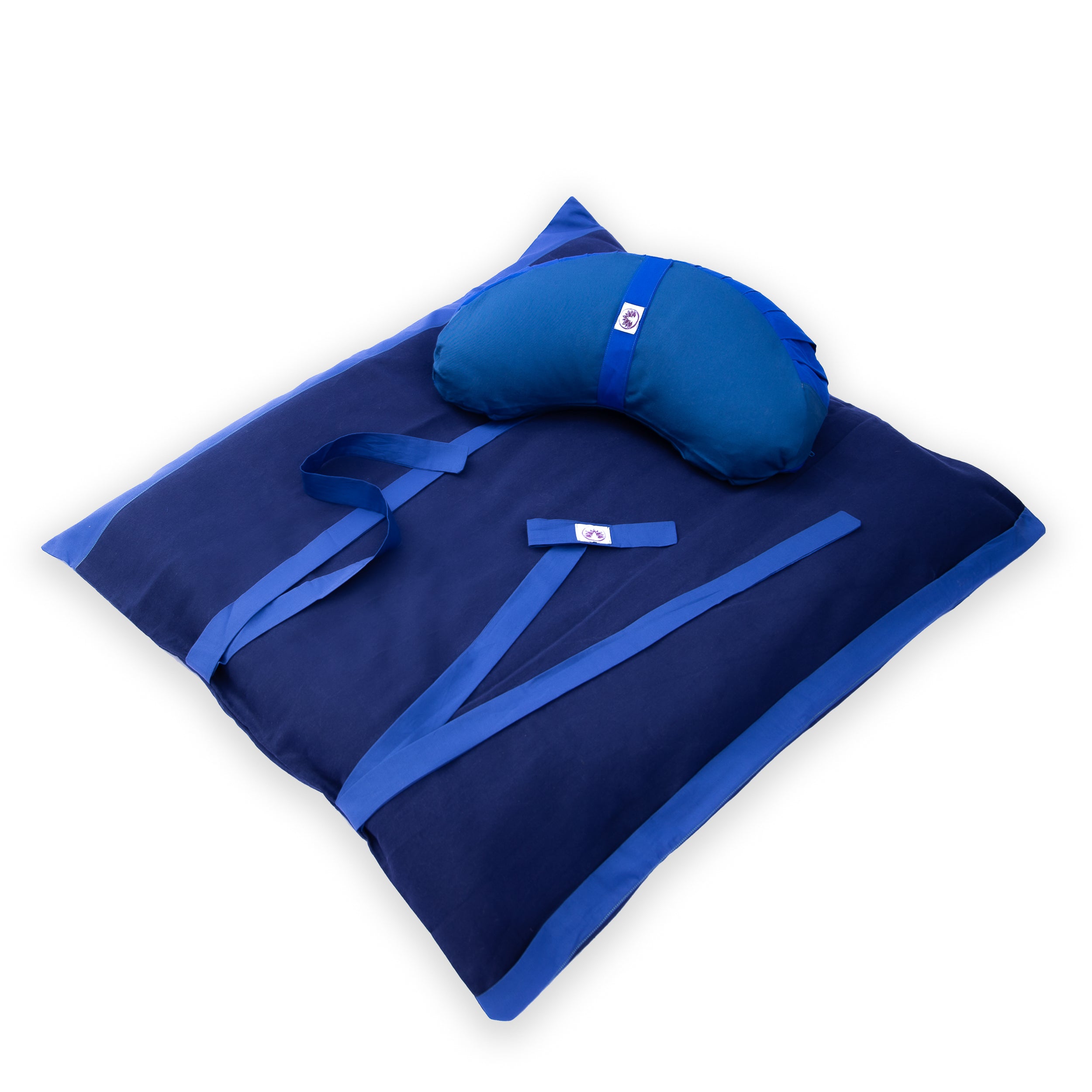Set meditazione con zafu a mezzaluna cotone blu di Shop Zen per un comfort ottimale durante la meditazione