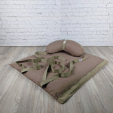 Set meditazione con zafu a mezzaluna cotone naturale scuro, cuscini lombari per supporto durante la meditazione