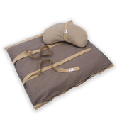 Set meditazione con zafu a mezzaluna cotone naturale scuro per supporto lombare e comfort durante la meditazione