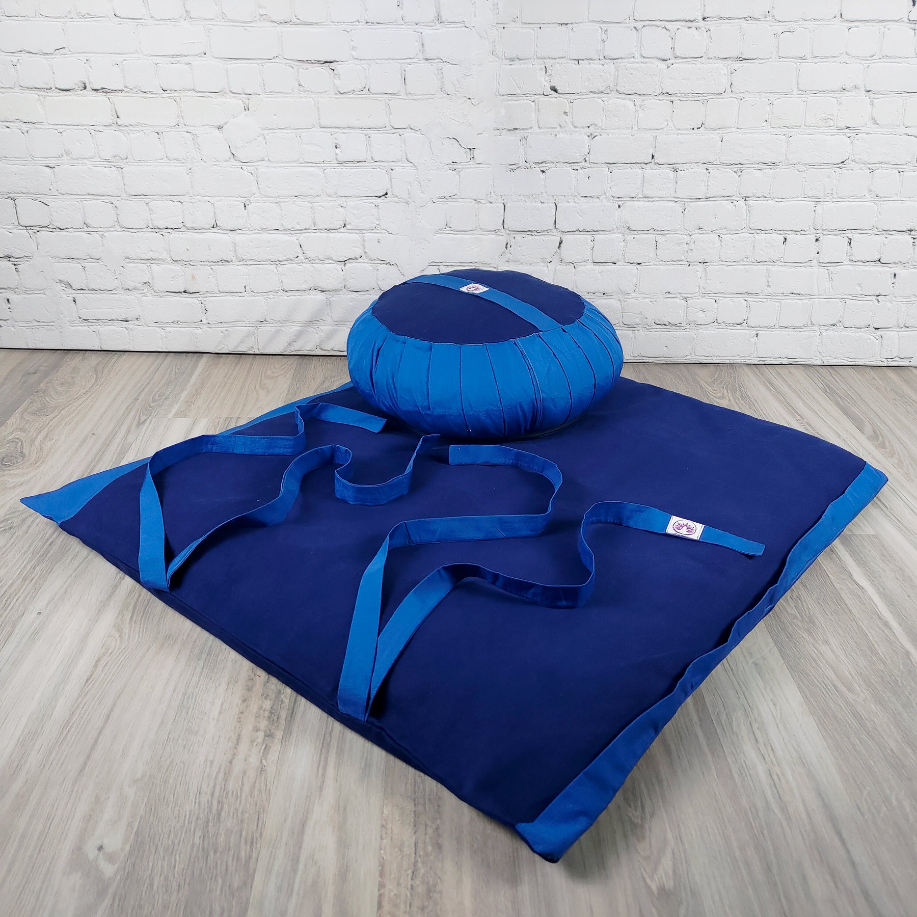 Set meditazione con zafu classico cotone blu, cuscino e tappetino per il supporto lombare