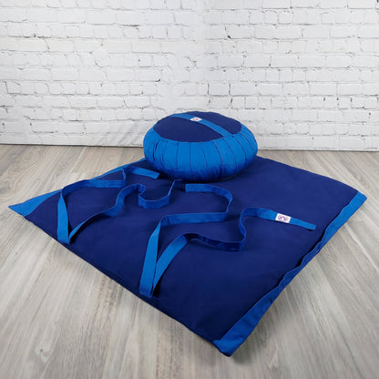 Set meditazione con zafu classico cotone blu, cuscino e tappetino per il supporto lombare