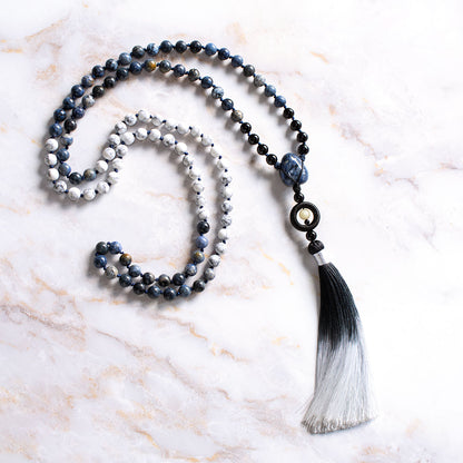 Mala 108 grani &quot;Io sono in Pace&quot; in Sodalite e Howlite Bianca