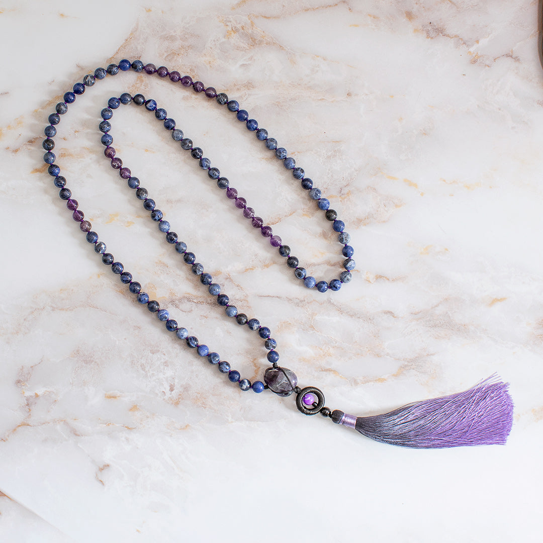 Mala 108 grani “Io Sono” in Fluorite Arcobaleno, Sodalite e Ametista