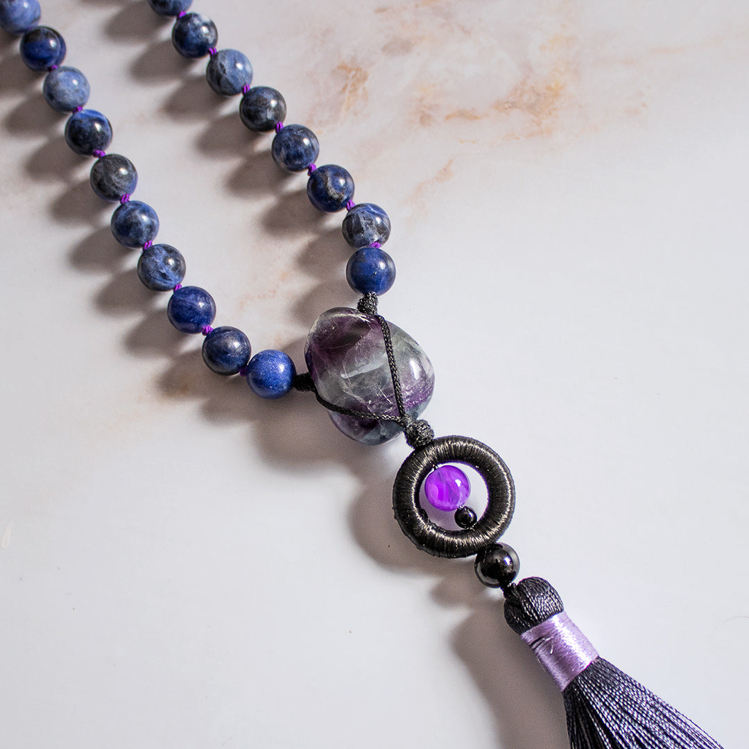Mala 108 grani “Io Sono” in Fluorite Arcobaleno, Sodalite e Ametista