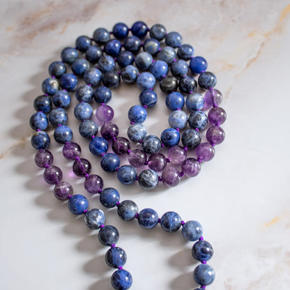 Mala 108 grani “Io Sono” in Fluorite Arcobaleno, Sodalite e Ametista