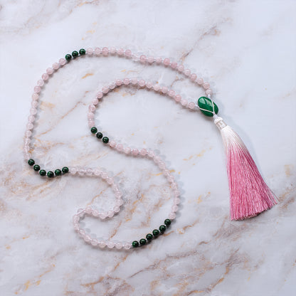 Mala 108 grani &quot;Io Sono Grato&quot; in malachite e quarzo rosa