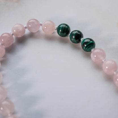 Mala 108 grani &quot;Io Sono Grato&quot; in malachite e quarzo rosa