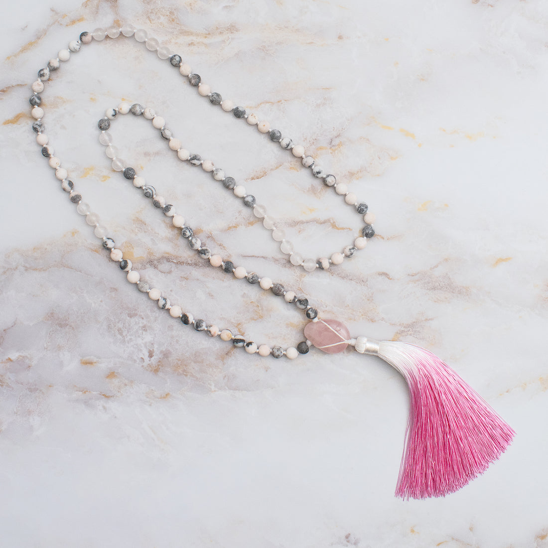 Mala 108 grani “Il mio Cuore è in Pace” in quarzo rosa e diaspro zebra rosa
